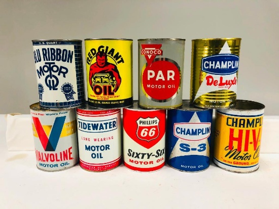 Lot of 9 various quart oil cans Red Giant Champlin Conoco