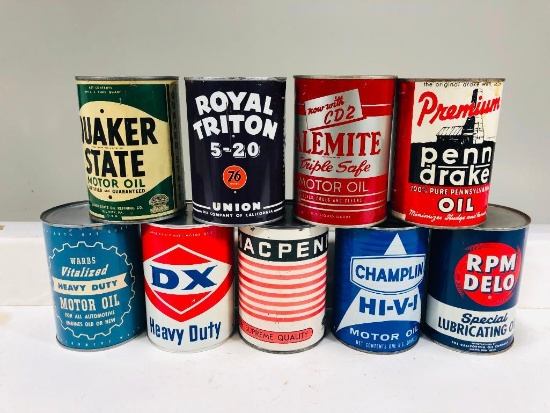 Lot of 9 various quart oil cans Royal RPM Penn Drake