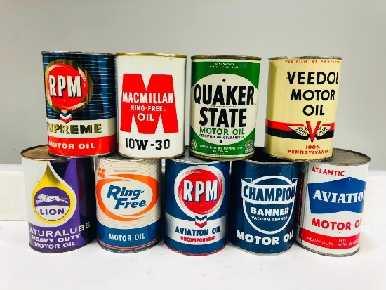 Lot of 9 various quart oil cans RPM Champion Lion