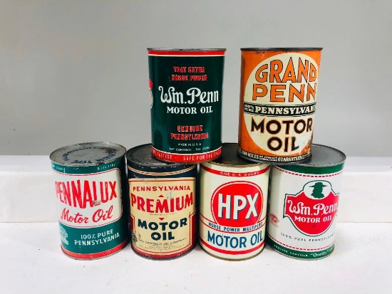 Lot of 6 various quart oil cans Wm. Penn HPX Grand Penn