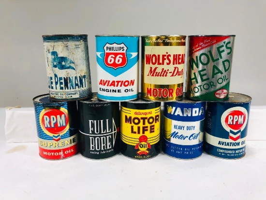 Lot of 9 various quart oil cans Phillips 66 Wanda Wolfs Head
