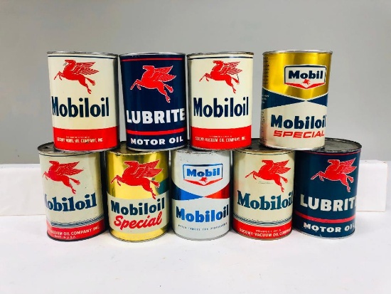 Lot of 9 Mobil quart oil cans