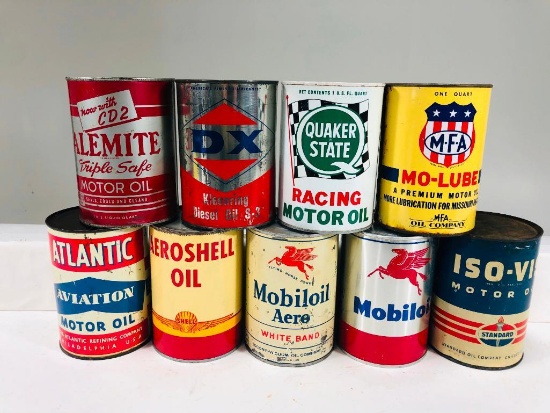 Lot of 9 various quart oil cans Atlantic Standard Shell