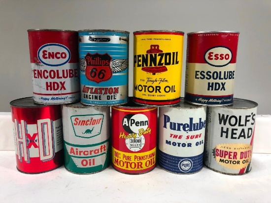 Lot of 9 various quart oil cans Esso Phillips 66 Sinclair