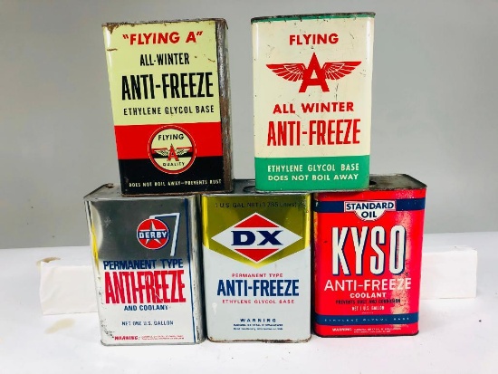 Lot of 5 various one gallon anti freeze cans Flying A Kyso Derby