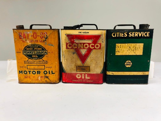 Lot of 3 various early one gallon oil cans Conoco Cities Service Bat-O-Co