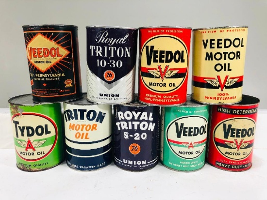 Lot of 9 various Veedol and Union 76 quart oil cans