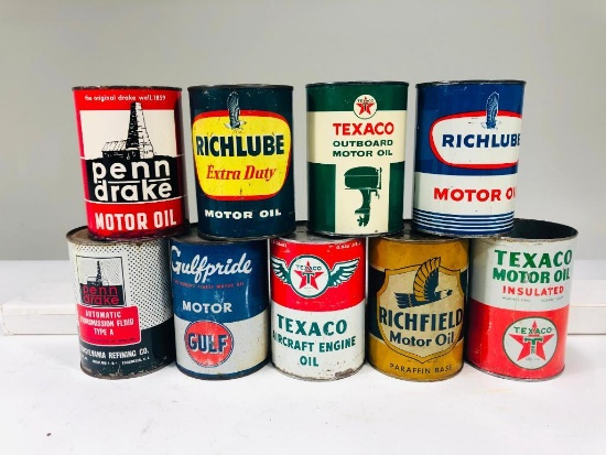 Lot of 9 various quart oil cans Richfield Gulf Texaco