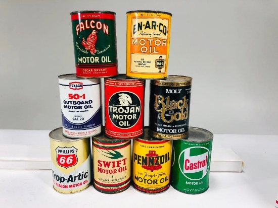 Lot of 9 various quart oil cans Cities Service Enarco Swift
