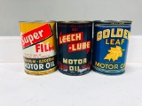 Lot of 3 various quart oil cans Leech Lube Super Film Golden Leaf