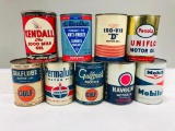 Lot of 9 various quart oil cans Kendall Gulf Standard