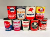 Lot of 9 various quart oil cans Penn Drake Sinclair Trojan