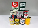 Lot of 9 various quart oil cans Sinclair Gulf Penn Master