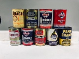 Lot of 9 various quart oil cans Skelly Lion Penn Champ