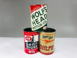 Lot of 3 different 5 quart oil cans Wolfs head Penn Drake Fleetwing