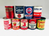 Lot of 9 various quart oil cans Esso RPM Golden