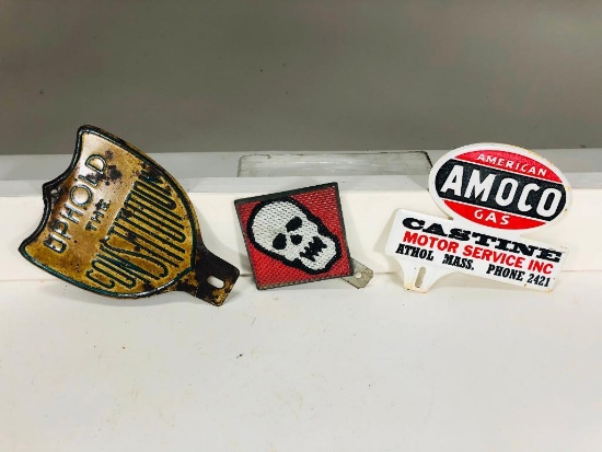 Lot of 3 various license plate toppers Amoco Skull Constitution
