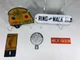 Lot of 5 various license plate toppers and porcelain signs