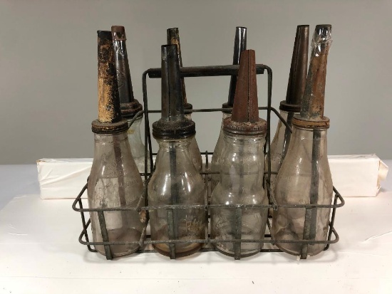 Lot Of 8 Various Oil Bottles With Rack