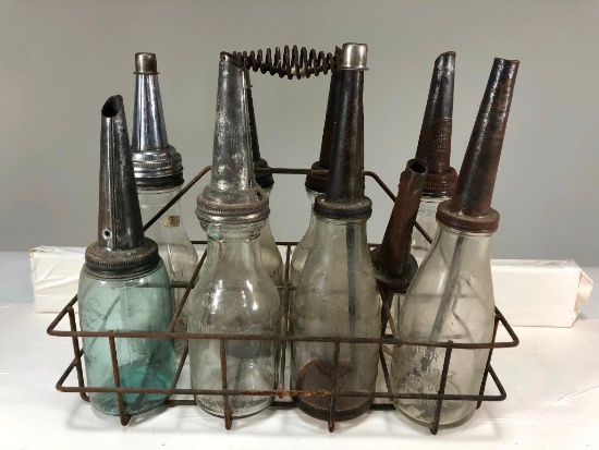 Lot Of 8 Various Oil Bottles With Rack