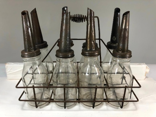 Lot Of 8 Various Oil Bottles With Rack