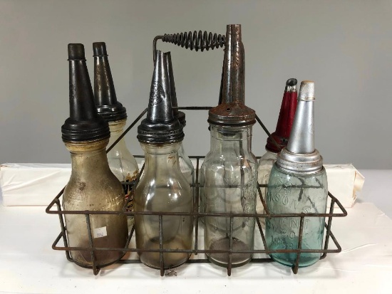 Lot Of 8 Various Oil Bottles With Rack