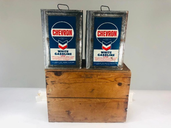 Two Chevron 5 Gallon Cans With Original Crate