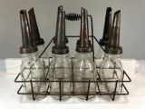 Lot Of 8 Various Oil Bottles With Rack