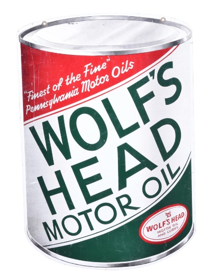 Wolf's Head Motor Oil Can Shaped Metal Sign