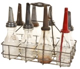 8-Different Oil Bottles w/Spouts in Wire Rack
