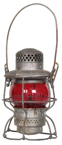 Railroad Lantern with Red Globe Etched A.T. & S.F.