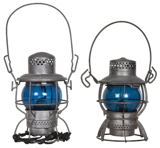2-Railroad Lanterns with Blue Globes Not Marked