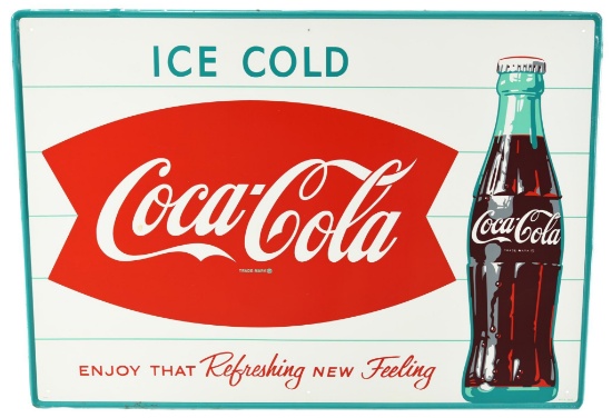 Coca-Cola in Fish Tail Logo w/Bottle Metal Sign