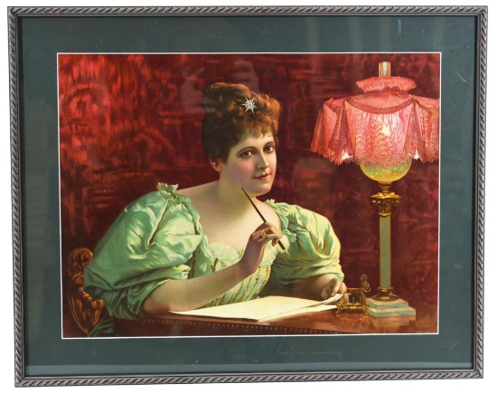 Chromolithographic of Lady at desk with fountain pen