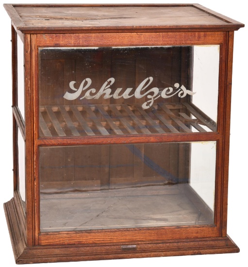 Country Store Oak Display Cabinet w/Schulze's Etched Front