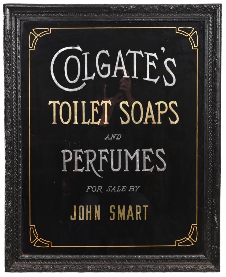 Colgate's Toilets and Perfumes Reverse Painted on Glass