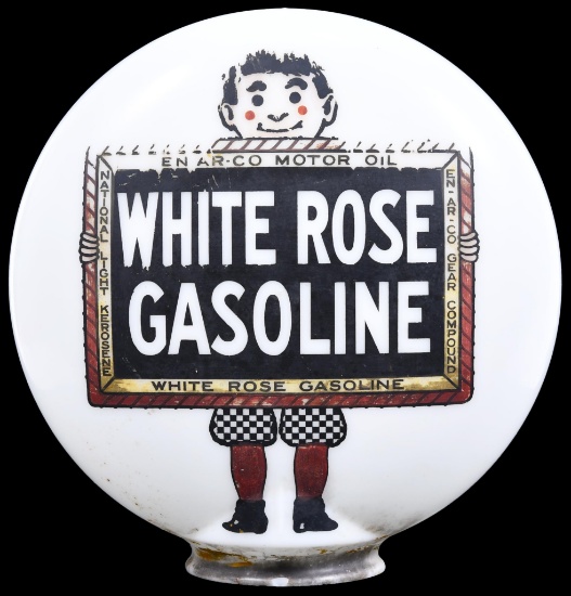 White Rose Gasoline w/Boy & Slate Logo OPB Milk Glass Globe