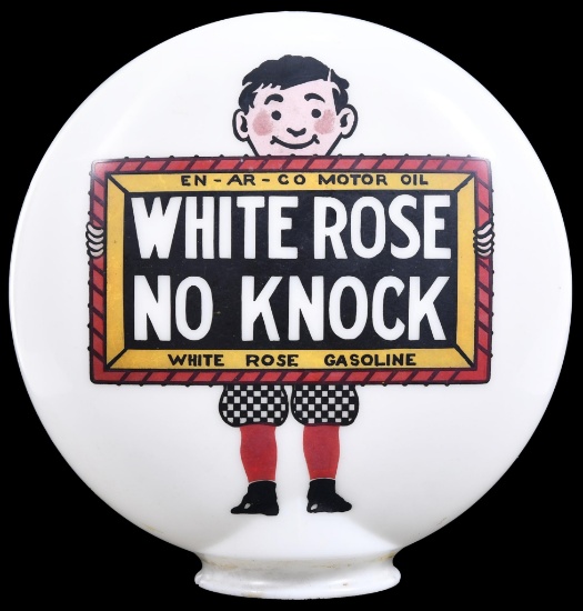 White Rose No Knock w/boy & Slate Logo OPB Milk Glass Globe