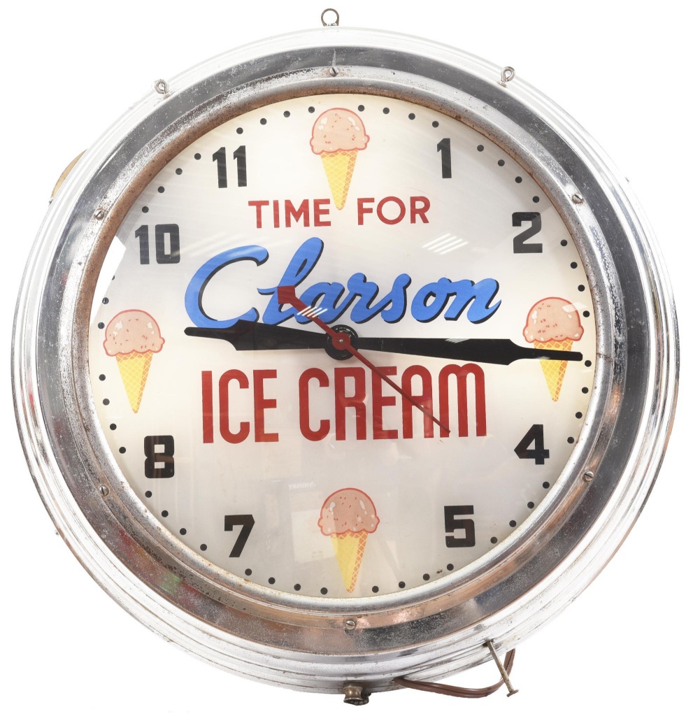 Time For Clarson Ice Cream Lighted Clock | Art, Antiques & Collectibles  Collectibles Collectible Advertising | Online Auctions | Proxibid