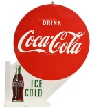 Drink Coca-Cola Ice Cold w/Bottle Metal Flange Sign