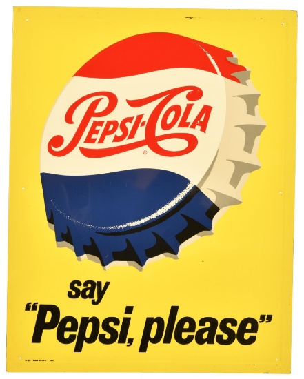 Pepsi-Cola "Say Pepsi, please" w/Bottle Cap Logo Metal Sign