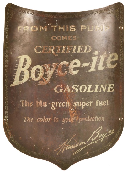 Boyce-ite Gasoline Brass Curved Shield-Shaped Sign