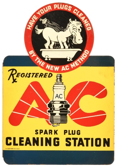 AC Spark Plugs Cleaning Station w/Logo Metal Flange Sign