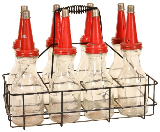 8-generic Oil Bottle W/metal Painted Spouts In Wire Rack