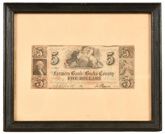 Framed 1841 5 Dollar Farmers Bank Of Bucks County Note