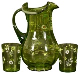 Green Glass Pitcher With Two Tumblers