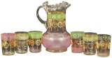 Pink and Green Glass Pitcher With 6 Tumblers