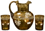 Amber Glass Pitcher With 2 Tumblers