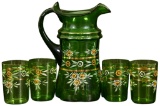 Green Glass Pitcher With 4 Tumblers