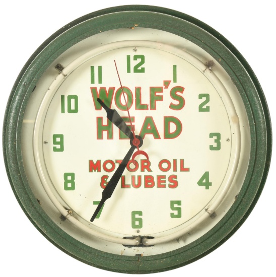 Wolfs Head Motor Oil Neon Clock
